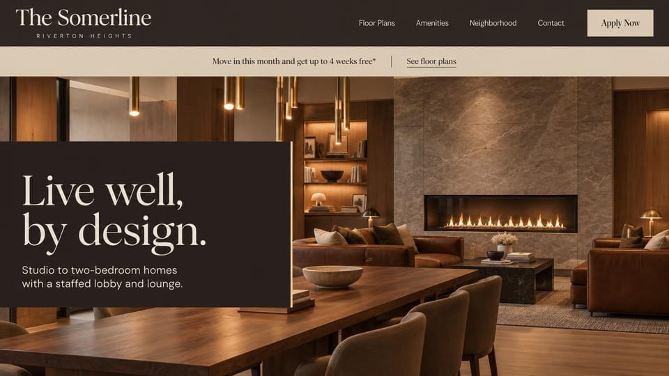 Apartment website design, upscale apartments with a staffed lobby lounge: dark brown header, a tan offer bar, a deep brown panel with a large cream serif headline over a wood and stone lounge with a linear fireplace