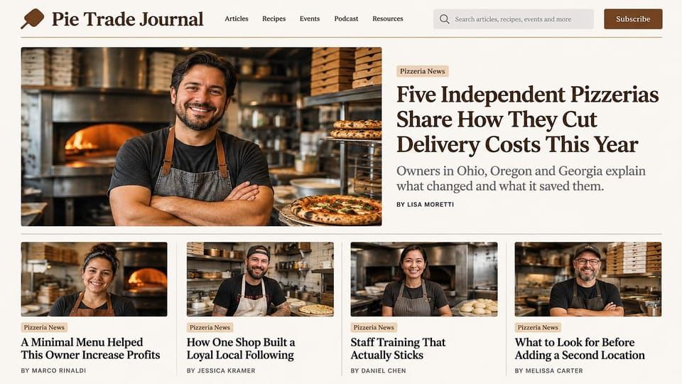 News and magazine website design, pizza trade journal with owner portraits: cream page, brown serif wordmark with a pizza peel mark, search bar and brown subscribe button, a smiling pizza maker with folded arms by a wood-fired oven, four portraits of pizzeria owners below