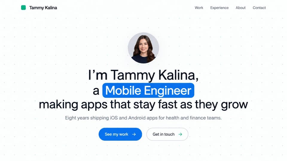 Personal website design, mobile engineer with a highlighted title: white page with a dotted background, a circular portrait and a headline with a blue highlighted job title