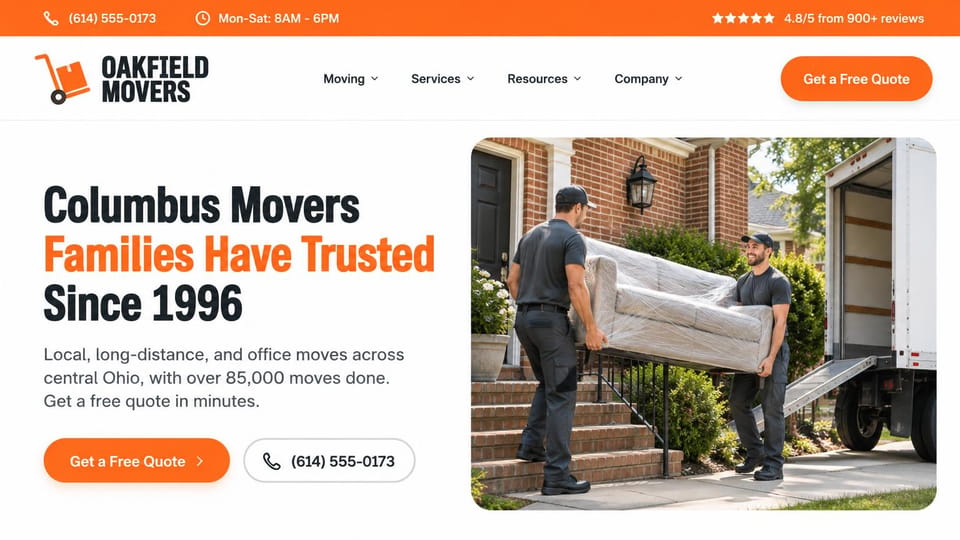 Moving company website design, long-established local movers in white and orange: white page with an orange top bar and buttons, a stacked black and orange headline, a rounded photo of two movers carrying a wrapped sofa down brick steps to a truck