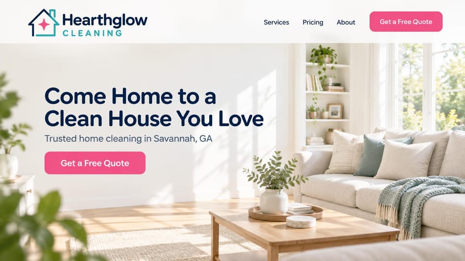 Cleaning service website design, house cleaning that shows the finished room: white header with a navy and teal house logo, a navy headline and pink quote button over a sunlit, tidy living room