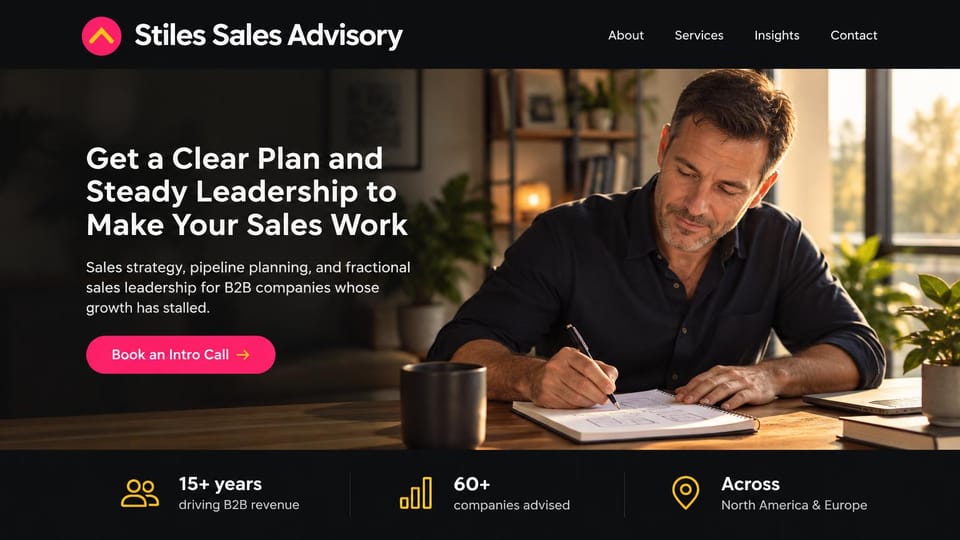 Consulting website design, fractional sales leadership with proof points: black page, a white sans headline, a hot pink button, a man writing in a notebook at a sunlit desk, a row of yellow icons and figures