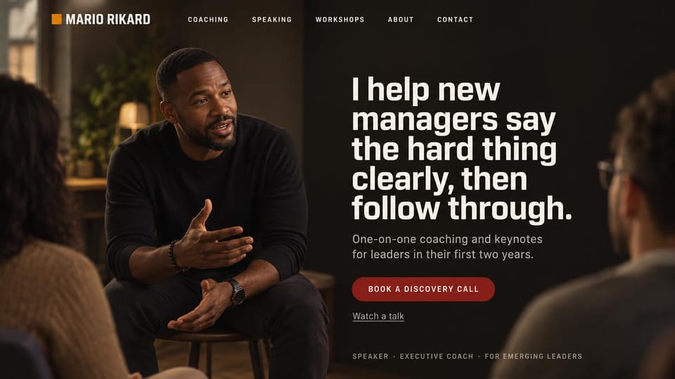Coaching website design, leadership coach and speaker, bold and dark: near-black page, a bold white sans headline, a red button and a coach gesturing as he talks