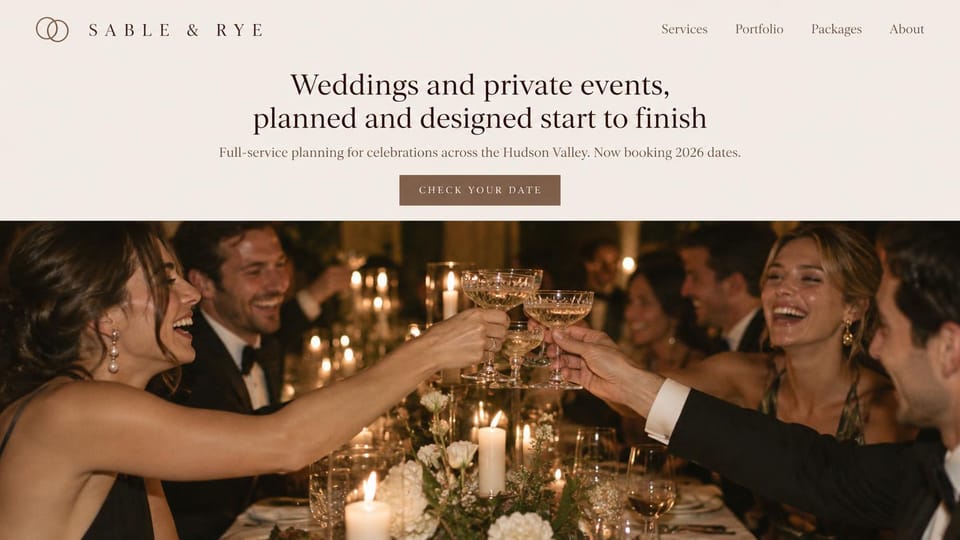 Event planner website design, private event planner with a headline band: ivory band with a centered serif headline and brown date button above a candlelit photo of guests raising coupes