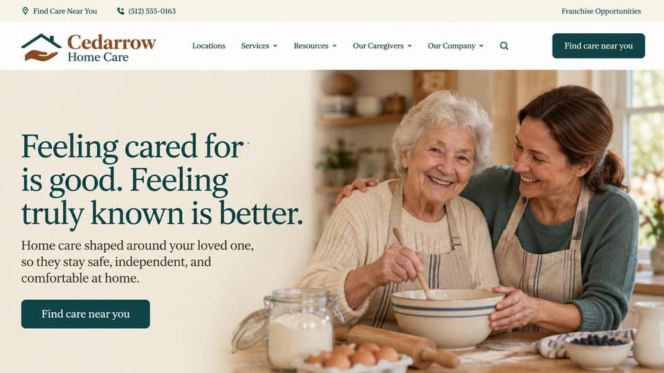 Home care website design, franchise home care brand with a find care near you button: cream page, a slim top bar with a phone number, a dark teal serif headline, a teal find care button and a caregiver baking with a laughing older woman