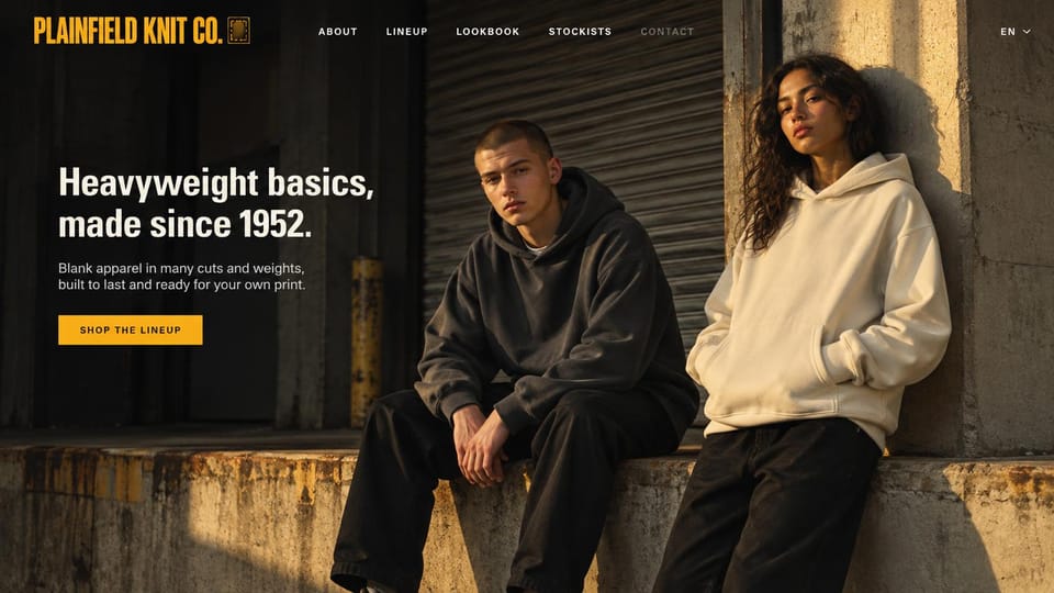 Fashion website design, blank hoodies and tees for brands and printers: dark loading dock at golden hour, a man in a black hoodie and a woman in a cream hoodie, a yellow condensed logo, a bold white headline and a yellow button
