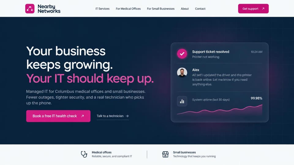 IT company website design, iT for medical offices with a resolved ticket card: white header, dark navy hero, white and magenta headline, magenta button, a glass card with a resolved support ticket and an uptime chart
