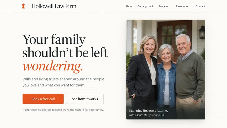 Law firm website design, estate planning with a family portrait: cream page, large serif headline in charcoal and burnt orange, an attorney standing with two clients