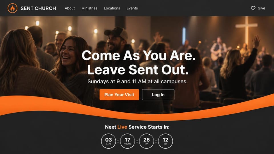 Church website design, multi-campus church with an orange wave: dark worship photo, bold white headline, an orange wave and a round countdown clock below