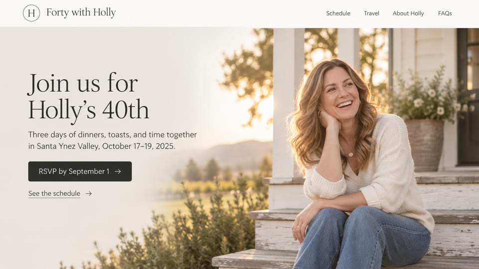 Event website design, milestone birthday weekend with a warm portrait: cream page, serif headline beside a smiling woman sitting on porch steps in golden light, black RSVP button