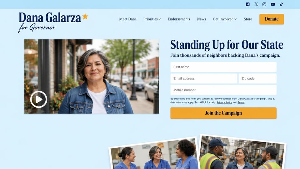 Political campaign website design, governor's race with a video and signup: pale blue page, a navy serif logo with a gold star, a video frame of a woman on a main street beside a signup form, tilted photos below