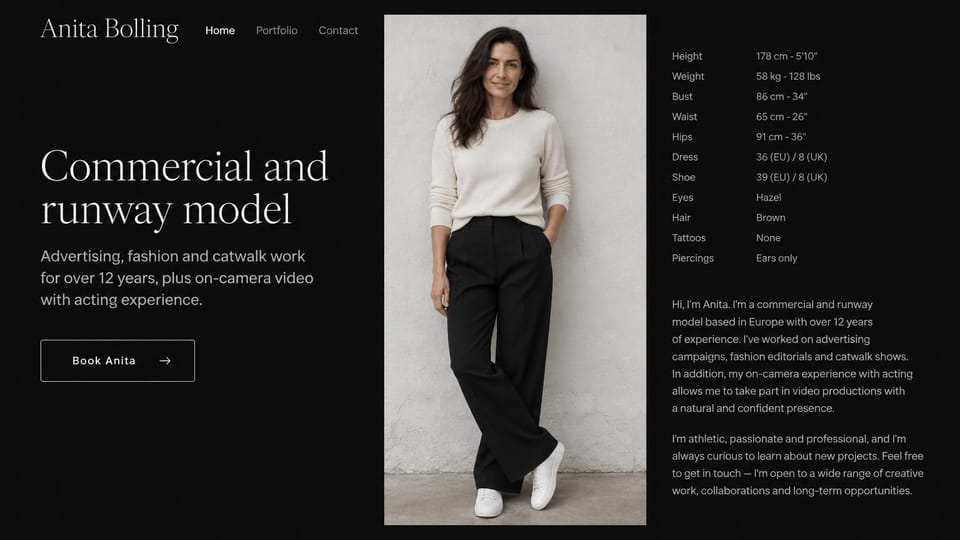 Model portfolio website design, commercial and runway model with on-camera experience: black page, a large white serif headline, an outlined booking button, a woman in a cream sweater and black trousers against a pale wall