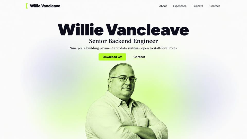 Resume website design, backend engineer with a lime halftone portrait: white page with a soft lime and lavender glow, a huge black name, a serif job title, a lime download CV button and a lime-tinted halftone portrait of a man with crossed arms