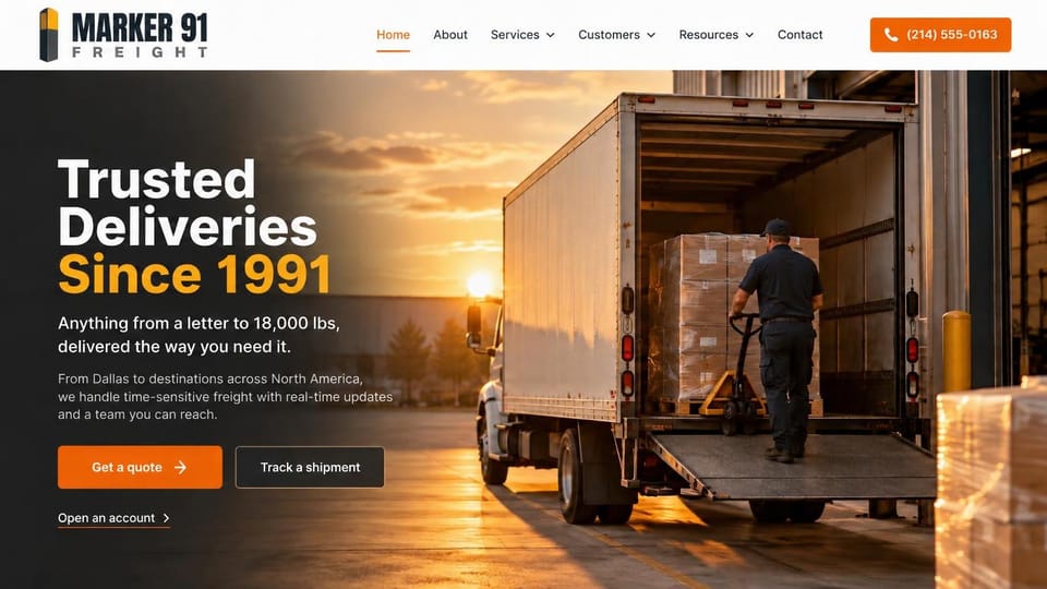 Logistics website design, courier and freight from envelopes to pallets: warm sunset photo of a worker pulling a pallet jack up a box truck's lift gate, white and orange headline, orange quote button, outlined tracking button