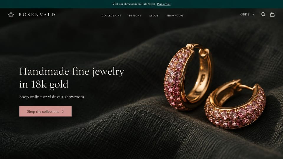 Jewelry website design, gold and gemstone hoops with a showroom bar: dark teal top bar, black linen background, pink pave gold hoop earrings, spaced white wordmark with a gem mark, white serif headline, pink shop button