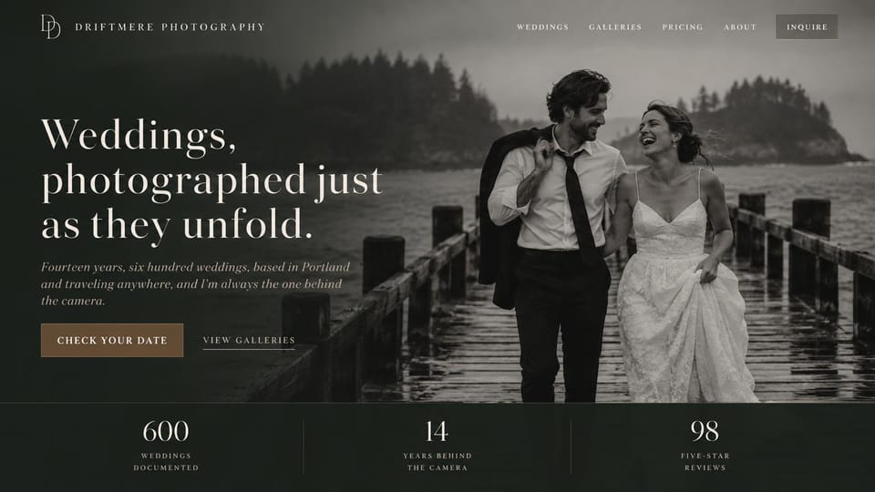 Wedding photographer website design, documentary wedding photographer in black and white: dark charcoal page, a black-and-white photo of a laughing couple on a wet dock, cream serif headline, brown button and a three-figure stats bar