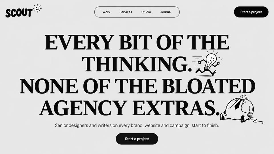 Business website design, lean creative agency with hand-drawn doodles: light gray page, a huge black uppercase serif headline, doodles of a running light bulb and a puffed-up businessman, and black pill buttons