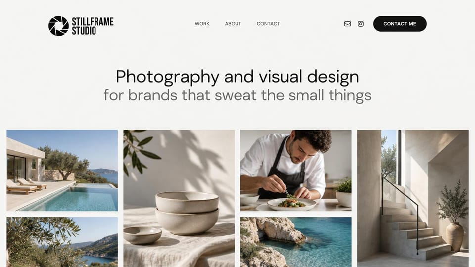 Photography website design, brand photography with a clean photo grid: white page, a centered headline above a grid of photos of a pool, ceramics, a chef and stone stairs