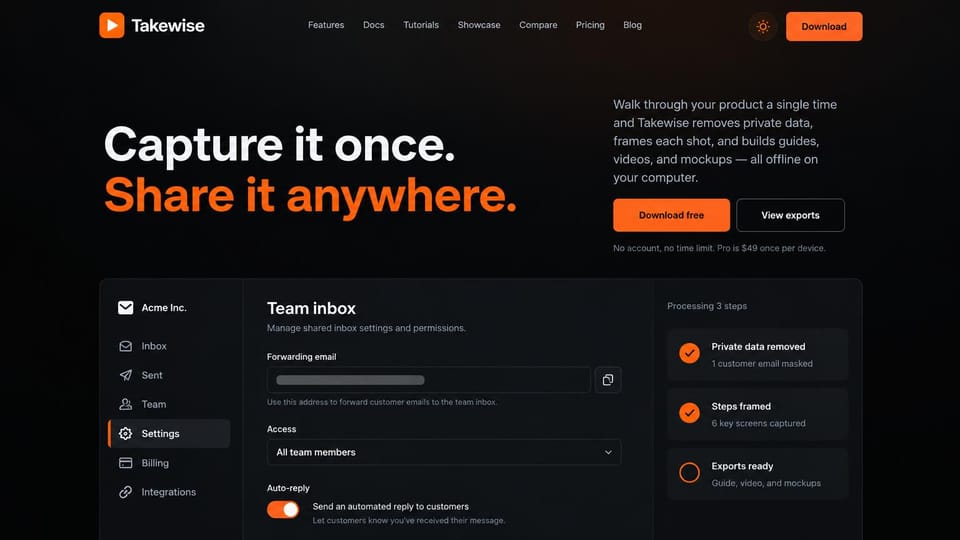 SaaS website design, desktop app with a two-tone headline: near-black page, white and orange headline, an orange download button and an app window below
