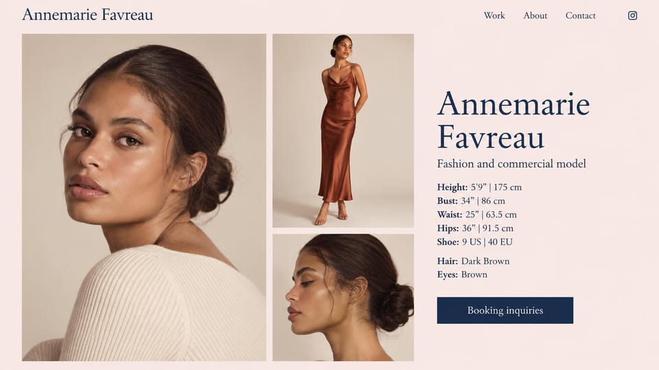 Model portfolio website design, fashion model with measurements beside the photos: blush pink page, navy serif name, a close-up, a full-length photo in a rust satin dress, a profile and a measurements list