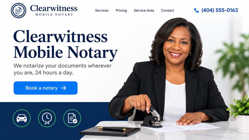 Notary website design, mobile notary with 24-hour service icons: white page, a large navy serif name, a bright blue button, a smiling notary using an embosser and three green-ringed icons on navy