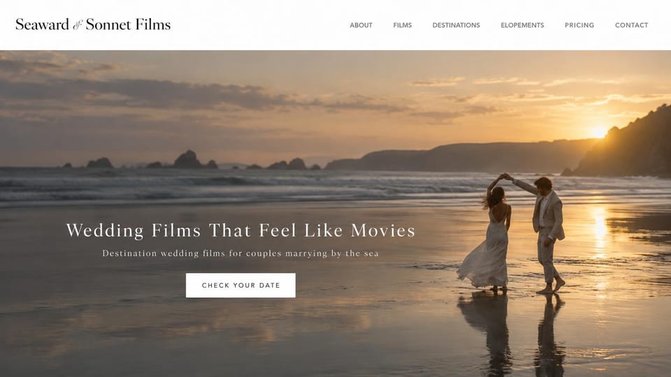Wedding photographer website design, beach wedding films with a barefoot sunset dance: white header with a serif name, a full-screen sunset beach photo of a couple dancing barefoot at the water's edge, a centered white serif headline and a white date button