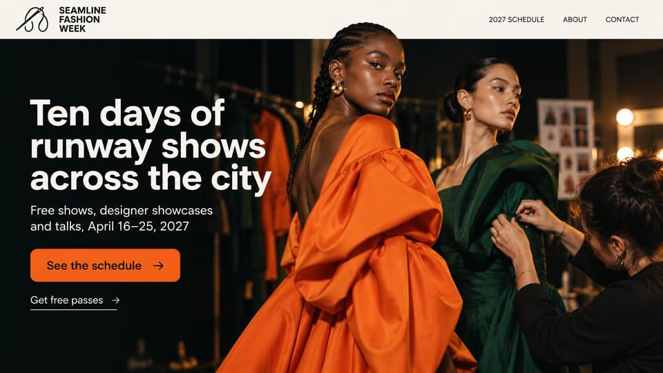 Event website design, city fashion week with a backstage photo: cream header over a dark backstage photo of models in orange and green gowns with a stylist, white headline, orange schedule button