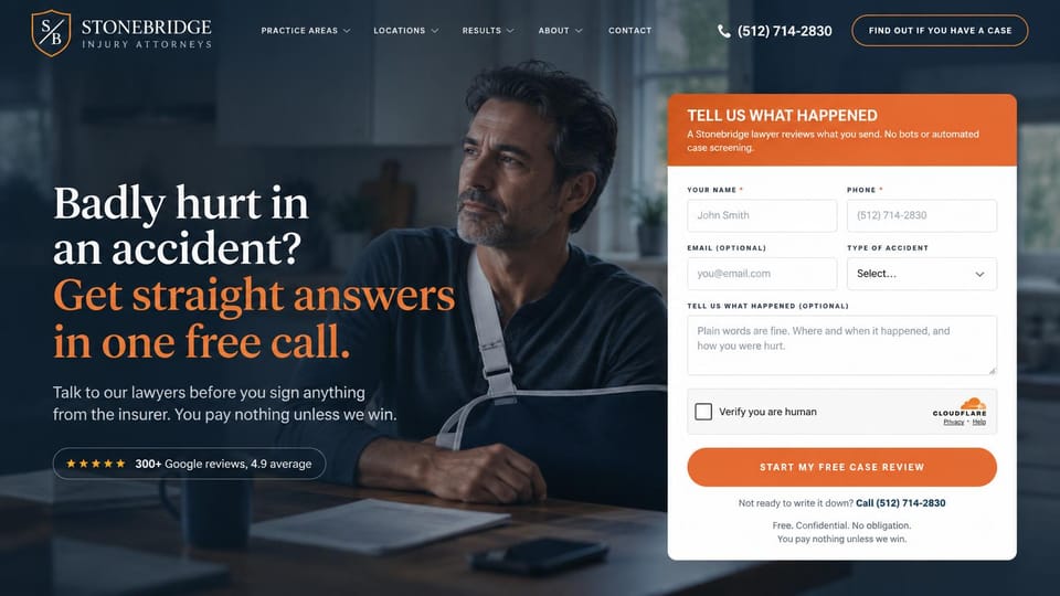 Law firm website design, personal injury with the intake form first: navy and orange, an injured client on the left and a case review form on the right