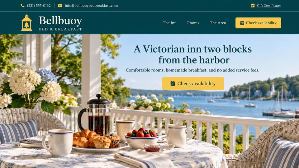 Bed and breakfast website design, victorian harbor inn with gift certificates: dark teal header with a gold lantern logo, breakfast with a French press and berries on a porch over a harbor of sailboats, a teal serif headline, yellow buttons