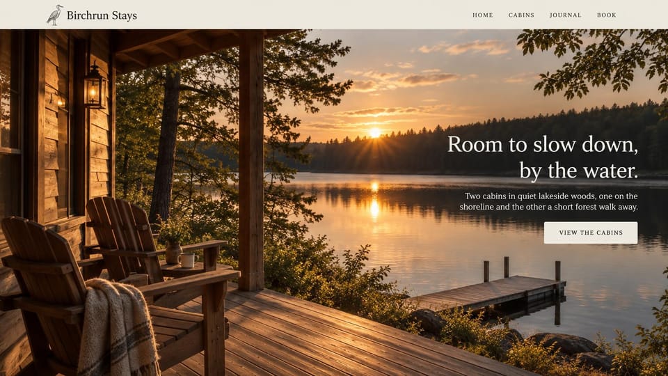 Vacation rental website design, two lakeside cabins at sunset: cream header with a heron logo, a cabin porch with chairs and a lantern over a lake at sunset, right-aligned white serif headline, cream button