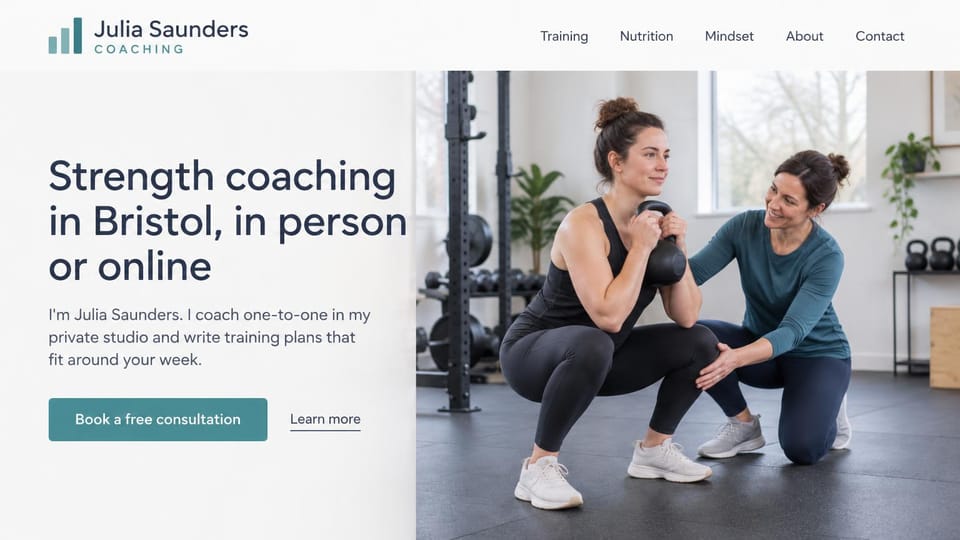 Personal trainer website design, city strength coaching, in person or online, in calm teal: white page, a large dark headline, a teal consultation button and a learn more link, a bright studio photo of a smiling coach kneeling beside a woman in a kettlebell squat