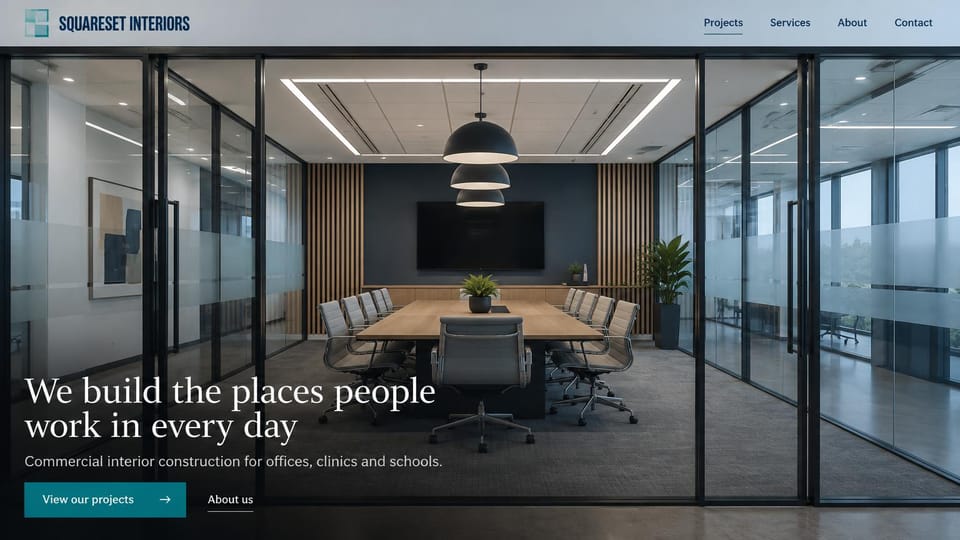Construction website design, office and clinic interiors behind glass walls: pale header, a glass-walled conference room with a wood table and dark pendant lights, a white serif headline and a teal button