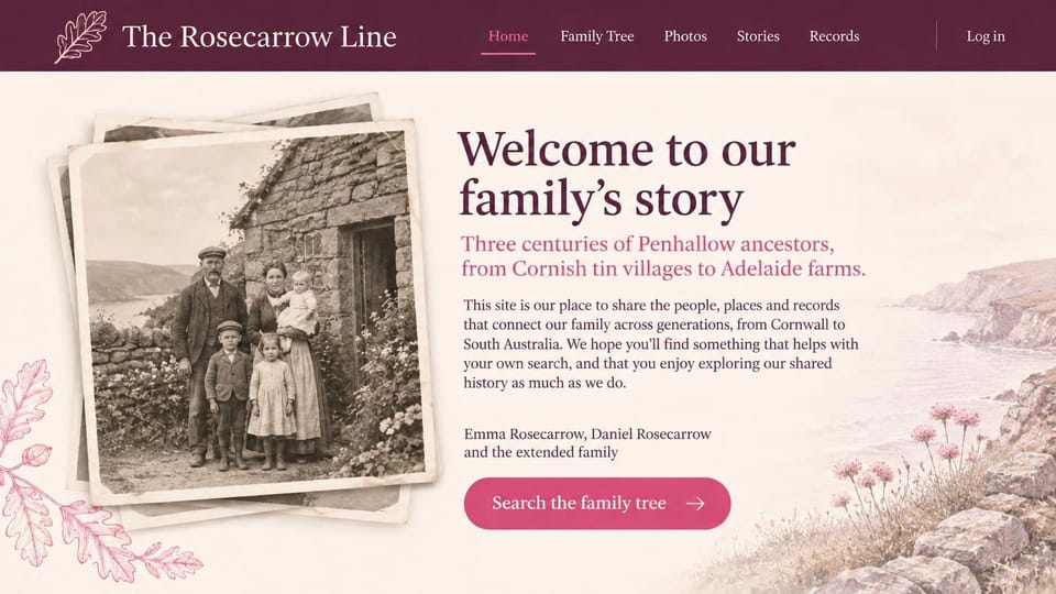 Genealogy website design, emigrant family from a coastal village: plum header, blush page, plum and pink serif headline, a pink search button, a stacked sepia photo of a family by a stone cottage, a watercolor coastline