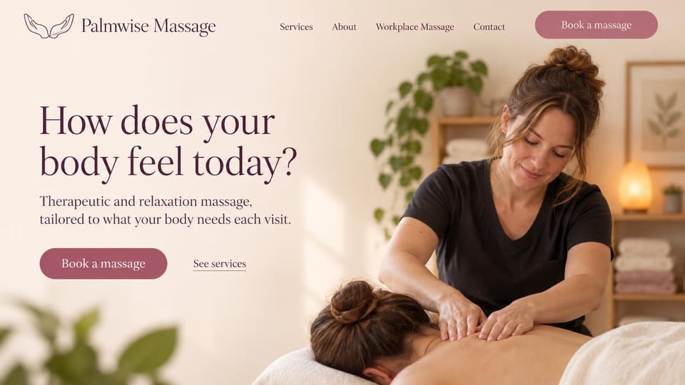 Massage therapist website design, massage that opens with a question, in blush: blush page, a deep plum serif headline, rose buttons and a warm photo of a therapist massaging a woman's shoulders