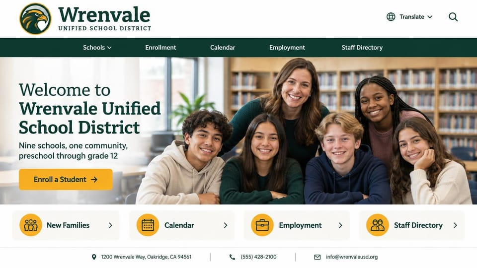 School website design, unified school district with a mascot and four quick links: white header with a hawk mascot, a dark green menu bar, a serif welcome, a gold button, a library group photo and gold icon cards