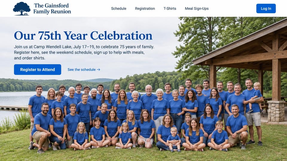 Event website design, big family reunion with matching shirts: white header, blue serif headline, blue register button, a large family in matching blue shirts posing by a lake pavilion