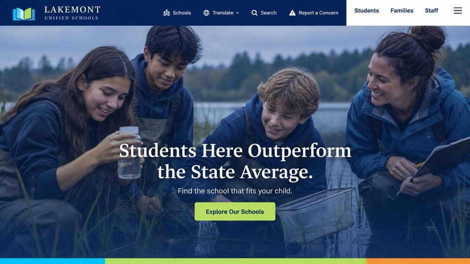 School website design, school district with field science: navy header, a blue-tinted photo of students sampling lake water with a teacher, a lime green button