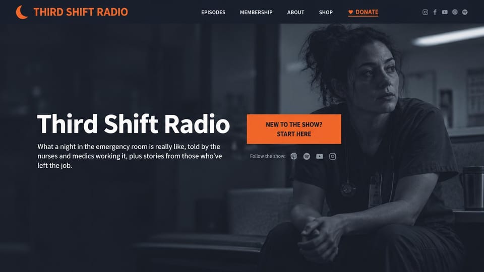 Podcast website design, night-shift stories in black and white: black and white photo of a nurse in a hospital at night, a white title and an orange start-here box