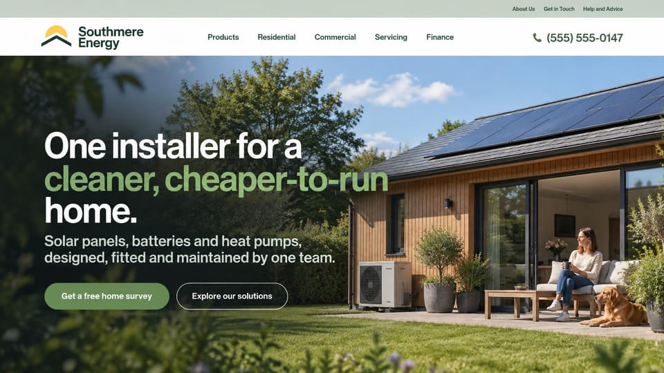 Solar website design, solar, batteries and heat pumps over a garden photo: pale green top bar, a white menu, a garden photo of a timber home with rooftop panels and a heat pump, a woman with a mug and a dog on the patio, a white and sage headline, a sage survey button
