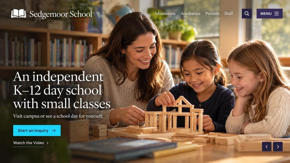 School website design, k-12 day school with a teacher and students up close: warm library photo of a teacher and two girls building with wooden blocks, a white serif headline, a cyan inquiry button and slider arrows