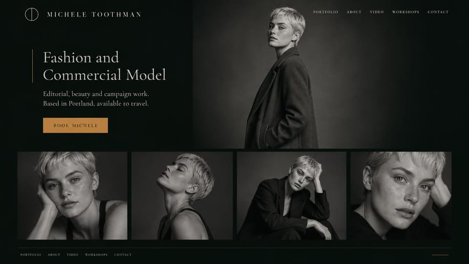 Model portfolio website design, beauty and editorial model in black and white with workshops: near-black page, a cream serif headline beside a thin rule, a copper booking button, a black and white full-length photo of a woman with a platinum pixie cut and four close-ups