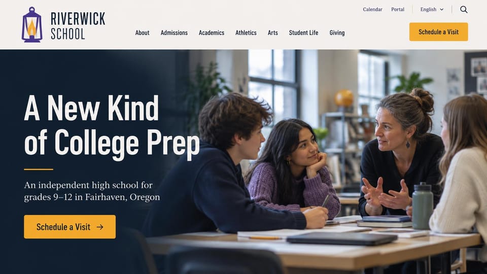 School website design, college prep high school with a condensed headline: navy fade over a photo of students in discussion with a teacher, a condensed white headline, a gold visit button