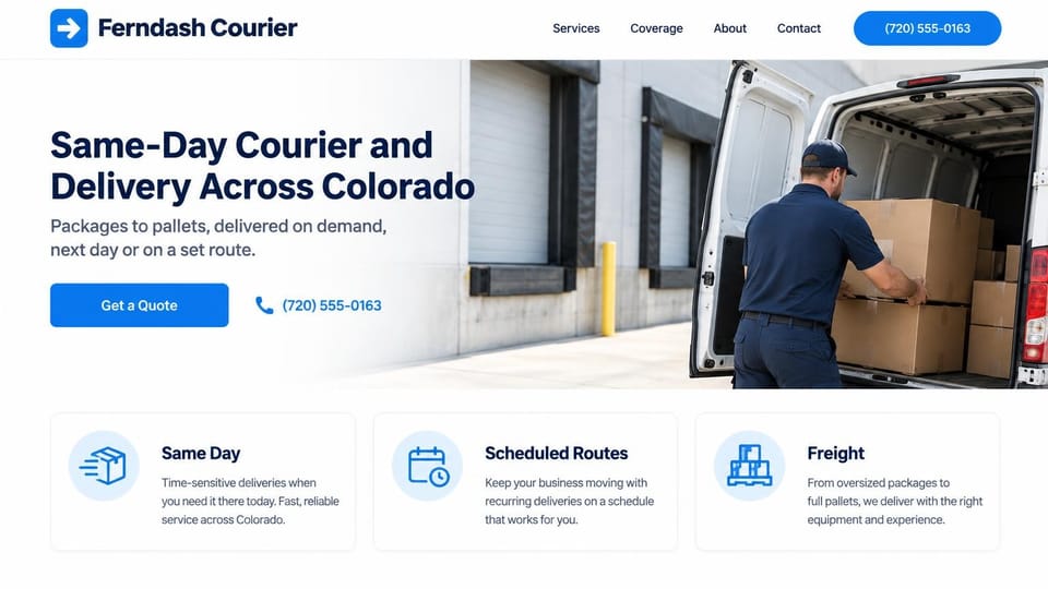 Logistics website design, statewide courier with three service cards: white page, a photo of a driver in navy loading boxes into a white van at a loading dock that fades into white on the left, bold navy headline, blue quote button beside a blue phone number, three white cards with round blue icons