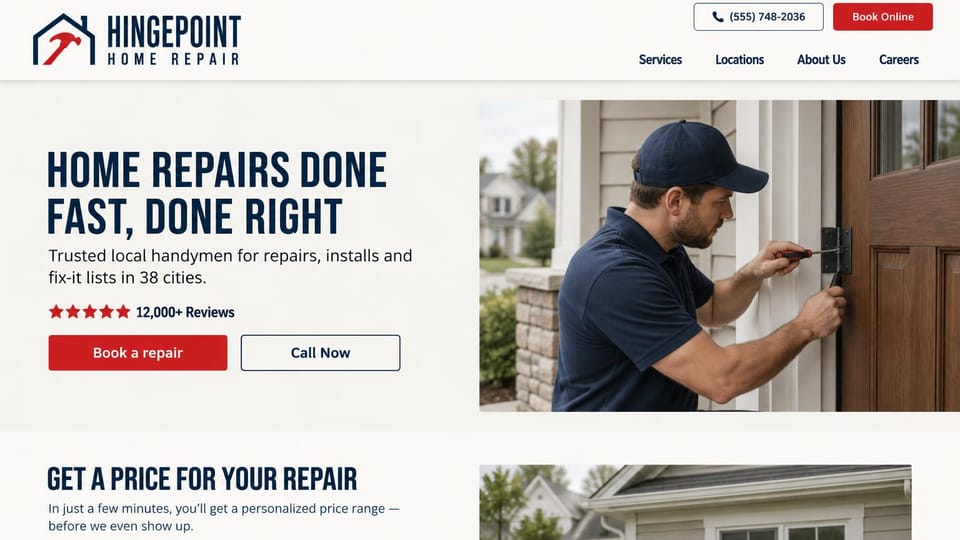 Handyman website design, multi-city handyman company in navy and red: off-white page, a navy condensed headline, red and outlined buttons, a handyman in a navy cap fixing a front door hinge