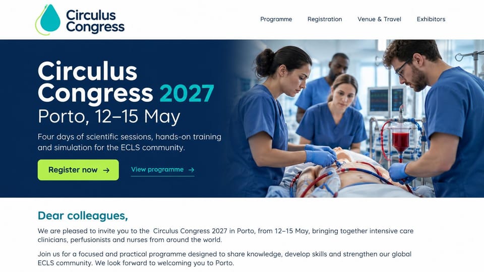 Event website design, medical congress with a welcome letter: white header, navy panel with a white and teal headline, lime register button, clinicians in scrubs at a training mannequin