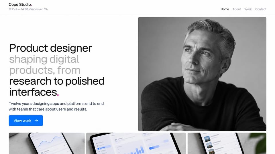 Portfolio website design, product designer with a portrait and app shots: white page, a black and gray headline and blue button beside a black and white portrait, three app photos below