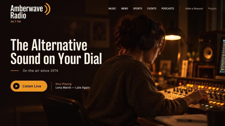 Radio station website design, alternative music radio with a heritage feel: warm amber-lit studio photo of a host in headphones at a glowing mixing desk, large cream condensed headline, an amber pill listen button with a play icon and a now-playing line in amber and white
