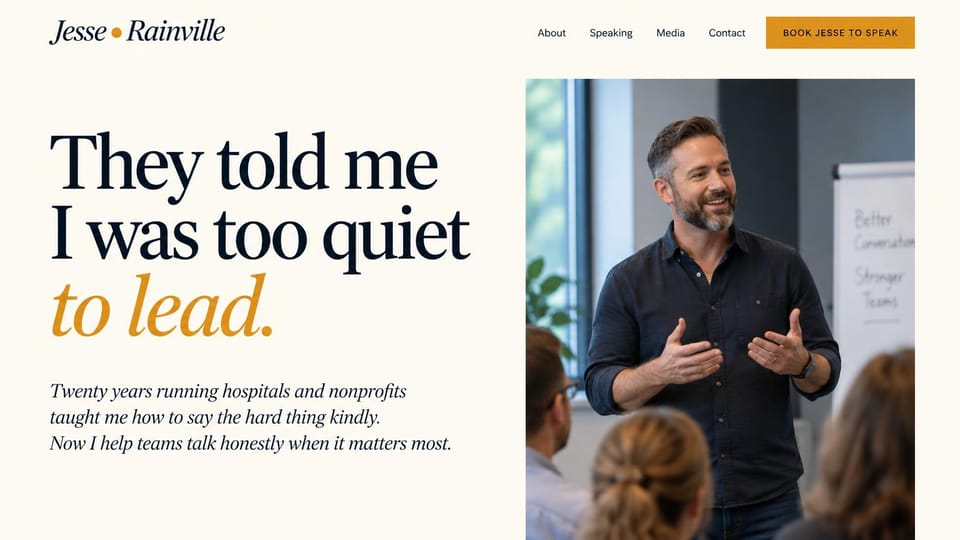 Speaker website design, leadership speaker with a personal story headline: cream page, large black serif headline ending in a gold italic phrase, a speaker gesturing to a seated group beside a flip chart, gold button