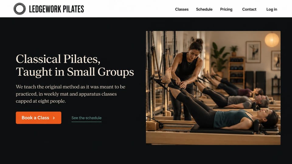 Fitness website design, classical Pilates for small groups: charcoal page, a cream serif headline beside a photo of an instructor correcting a mat class