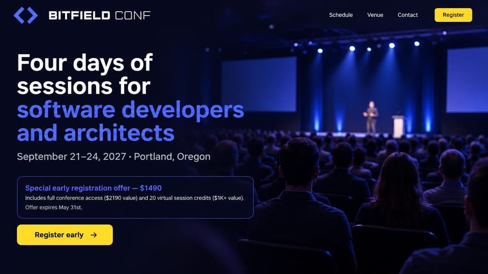 Event website design, developer conference with an early-bird offer: dark blue photo of a speaker on a distant stage, white and blue headline, outlined offer box, yellow register button